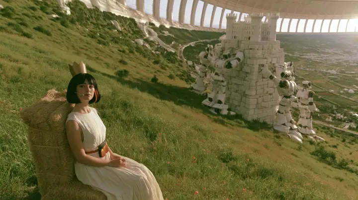 Make this a wide 35 mm photograph on a green hillside inside a space colony: gentle white robots stack stone blocks to raise a white castle on the centre-right; keep this woman, a Caucasian American woman in her late…