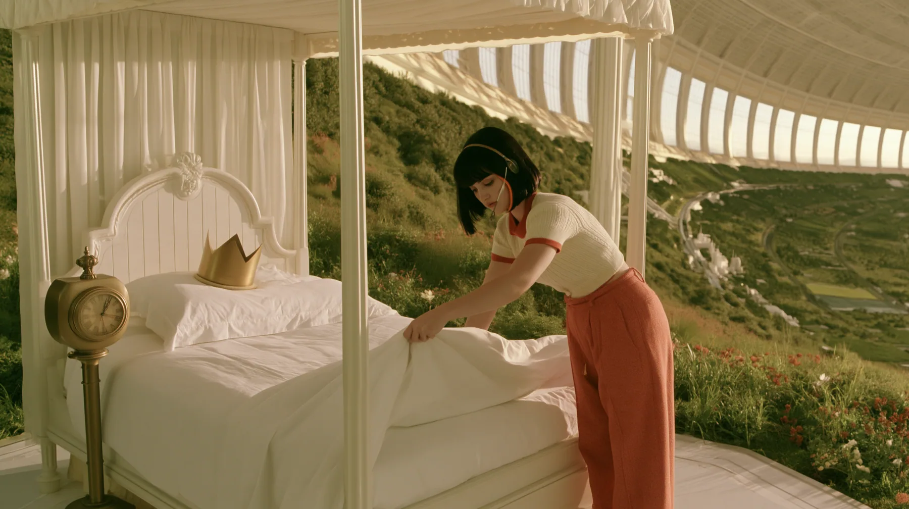 Make this a 35 mm photograph of a white garden pavilion inside a space colony: a royal four-poster bed made up in fine white linen, a gold paper crown on the pillow; beside it a brass punch clock on a post; keep this…
