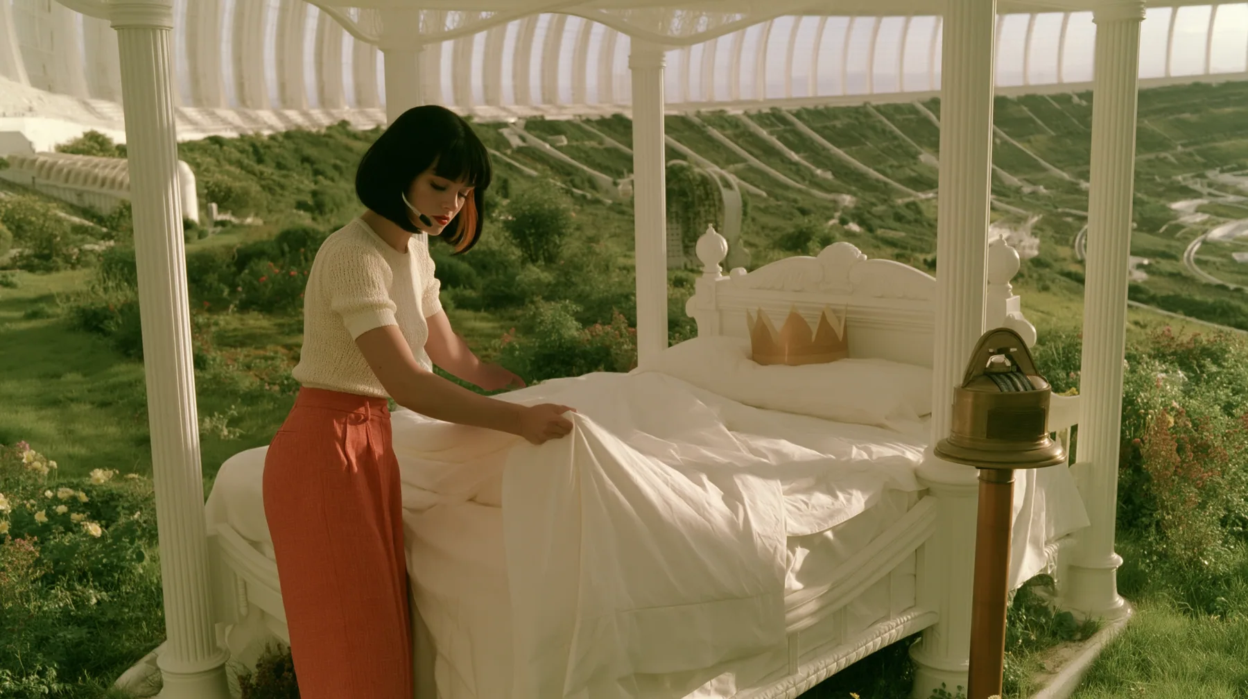 Make this a 35 mm photograph of a white garden pavilion inside a space colony: a royal four-poster bed made up in fine white linen, a gold paper crown on the pillow; beside it a brass punch clock on a post; keep this…