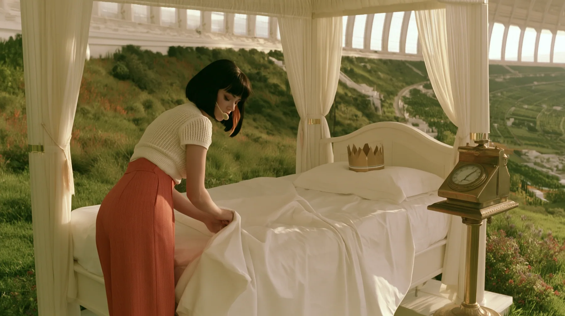 Make this a 35 mm photograph of a white garden pavilion inside a space colony: a royal four-poster bed made up in fine white linen, a gold paper crown on the pillow; beside it a brass punch clock on a post; keep this…