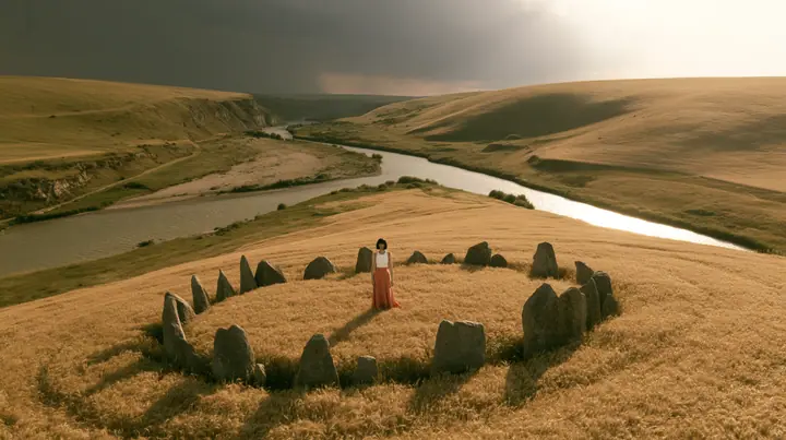 Make this a high wide 35 mm photograph of a valley: a river splits into two branches, the left under a dark storm cloud, the right in sunlight; in the sunlit meadow a ring of standing stones; keep this woman, a…