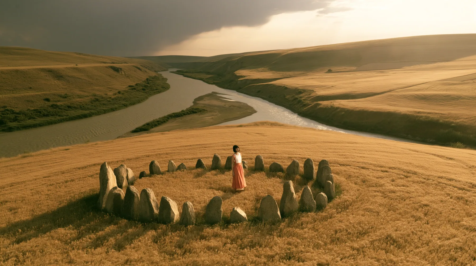 Make this a high wide 35 mm photograph of a valley: a river splits into two branches, the left under a dark storm cloud, the right in sunlight; in the sunlit meadow a ring of standing stones; keep this woman, a…
