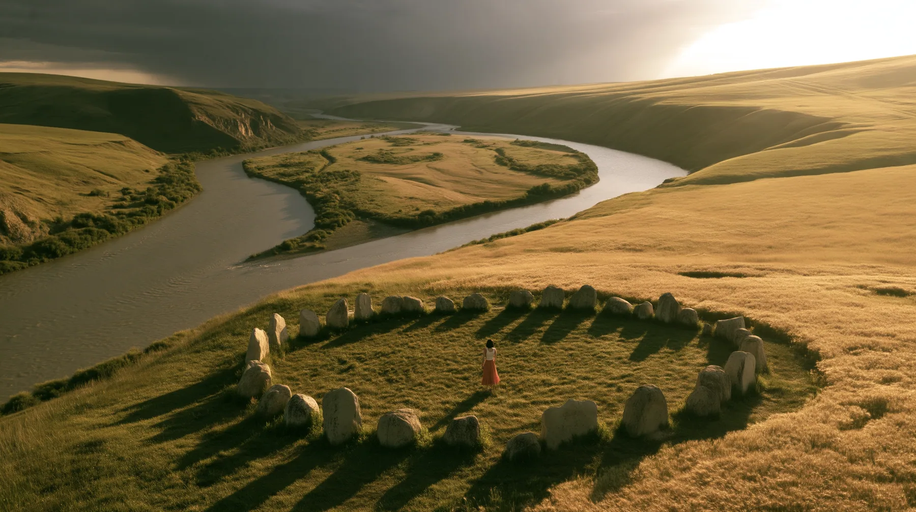 Make this a high wide 35 mm photograph of a valley: a river splits into two branches, the left under a dark storm cloud, the right in sunlight; in the sunlit meadow a ring of standing stones; keep this woman, a…