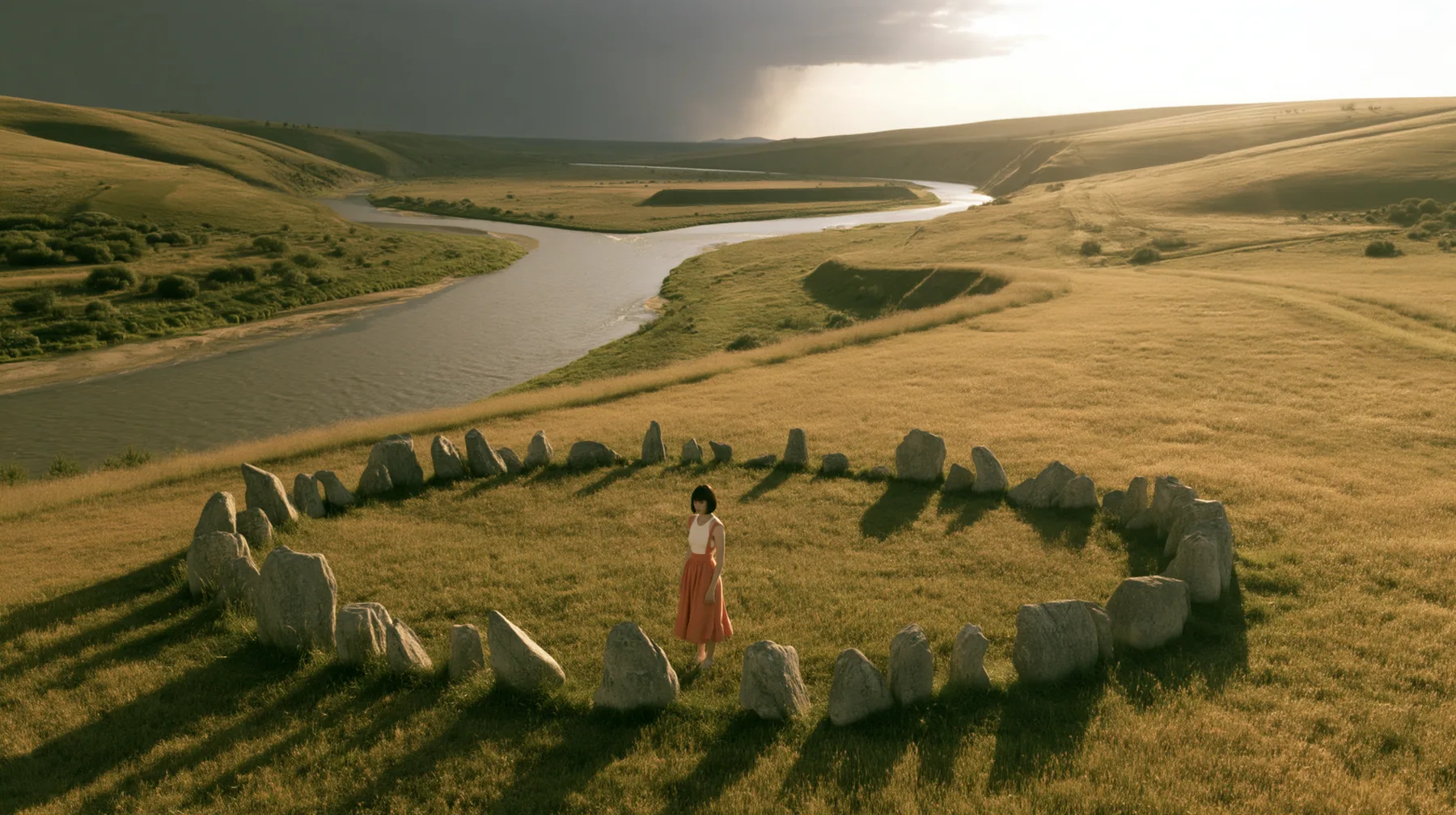 Make this a high wide 35 mm photograph of a valley: a river splits into two branches, the left under a dark storm cloud, the right in sunlight; in the sunlit meadow a ring of standing stones; keep this woman, a…