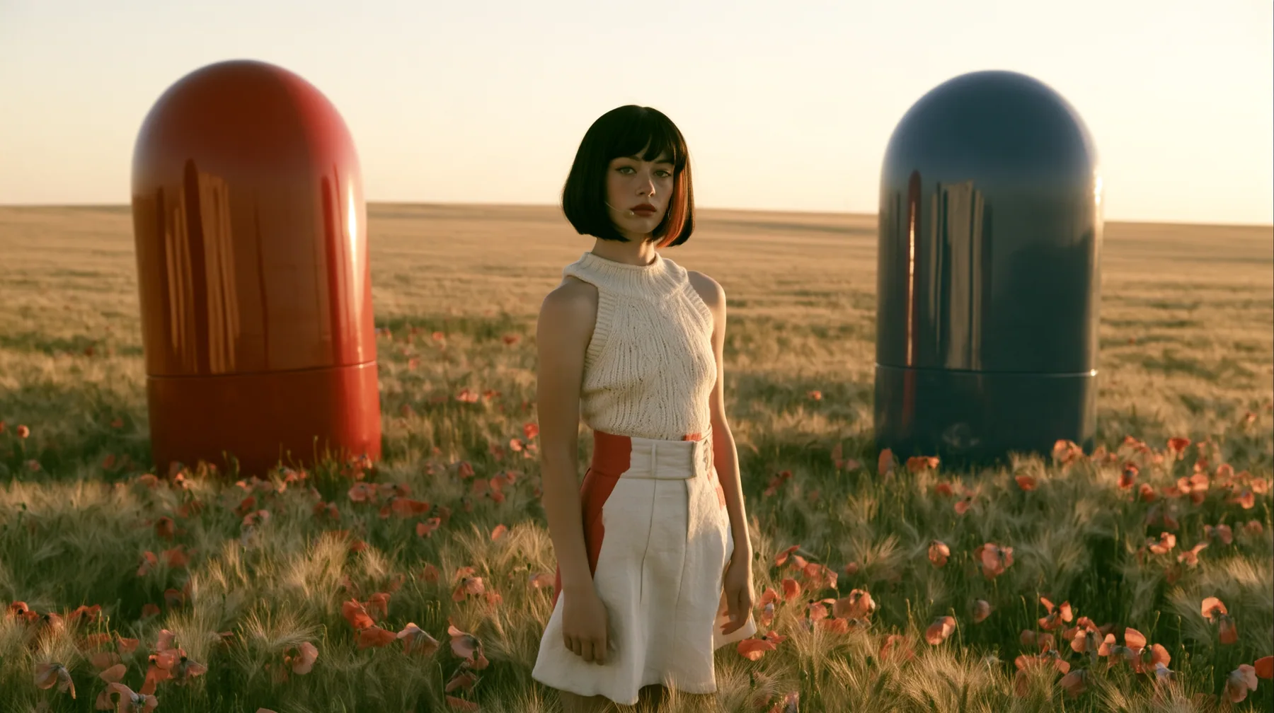 Make this a symmetrical wide 35 mm photograph of a meadow: two giant glossy capsule sculptures stand on either side, a red one on the left and a blue one on the right; keep this woman, a Caucasian American woman in…