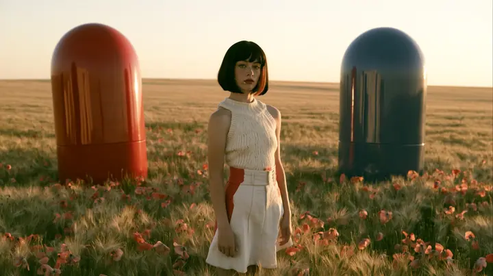 Make this a symmetrical wide 35 mm photograph of a meadow: two giant glossy capsule sculptures stand on either side, a red one on the left and a blue one on the right; keep this woman, a Caucasian American woman in…