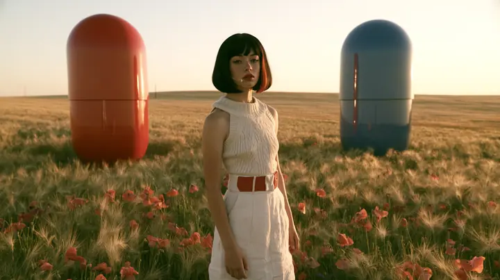 Make this a symmetrical wide 35 mm photograph of a meadow: two giant glossy capsule sculptures stand on either side, a red one on the left and a blue one on the right; keep this woman, a Caucasian American woman in…