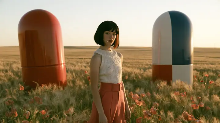 Make this a symmetrical wide 35 mm photograph of a meadow: two giant glossy capsule sculptures stand on either side, a red one on the left and a blue one on the right; keep this woman, a Caucasian American woman in…
