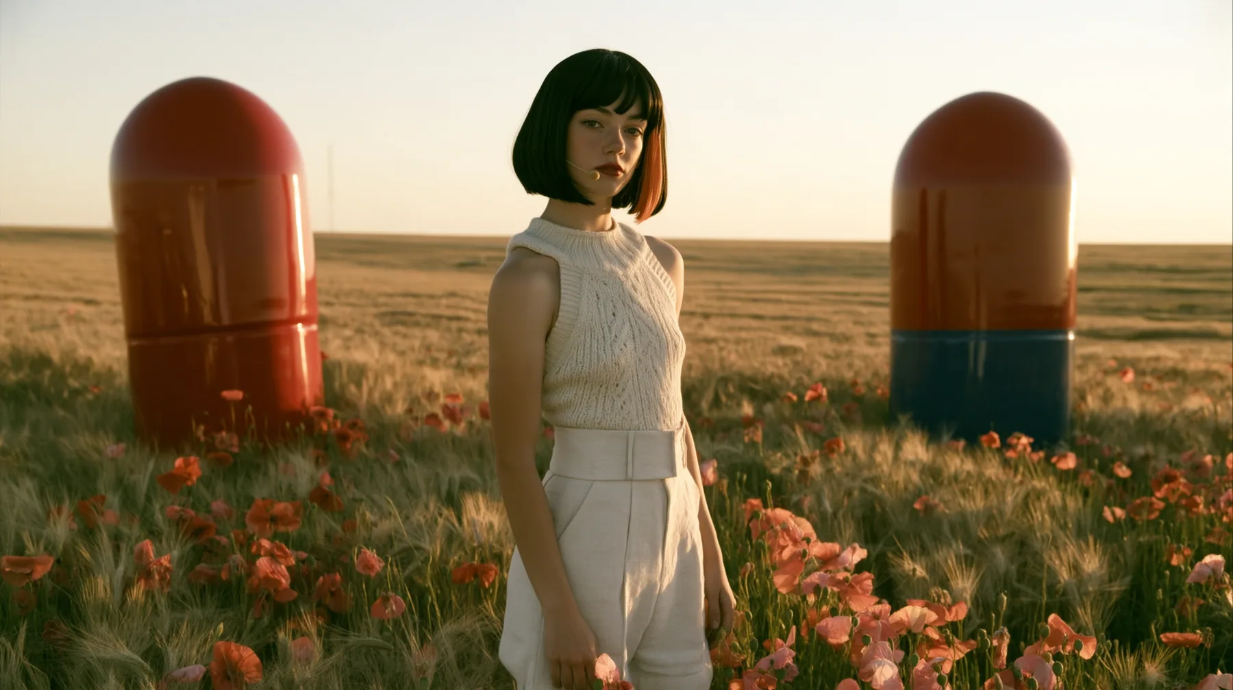 Make this a symmetrical wide 35 mm photograph of a meadow: two giant glossy capsule sculptures stand on either side, a red one on the left and a blue one on the right; keep this woman, a Caucasian American woman in…