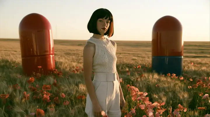 Make this a symmetrical wide 35 mm photograph of a meadow: two giant glossy capsule sculptures stand on either side, a red one on the left and a blue one on the right; keep this woman, a Caucasian American woman in…