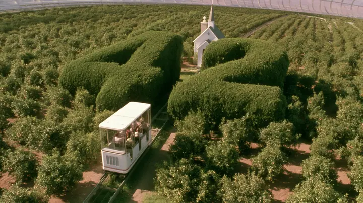 Make this a 35 mm photograph from a small open white tram passing through orchards inside a space colony: beside the track a huge clipped green topiary shaped as the number 42, a small white chapel behind it. Warm…