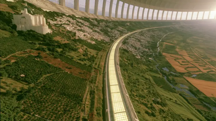 Make this a vast aerial 35 mm photograph flying along the length of a rotating space colony cylinder: farmland, orchards, a white castle, white towns and rivers climb both sides and close overhead; a long window…