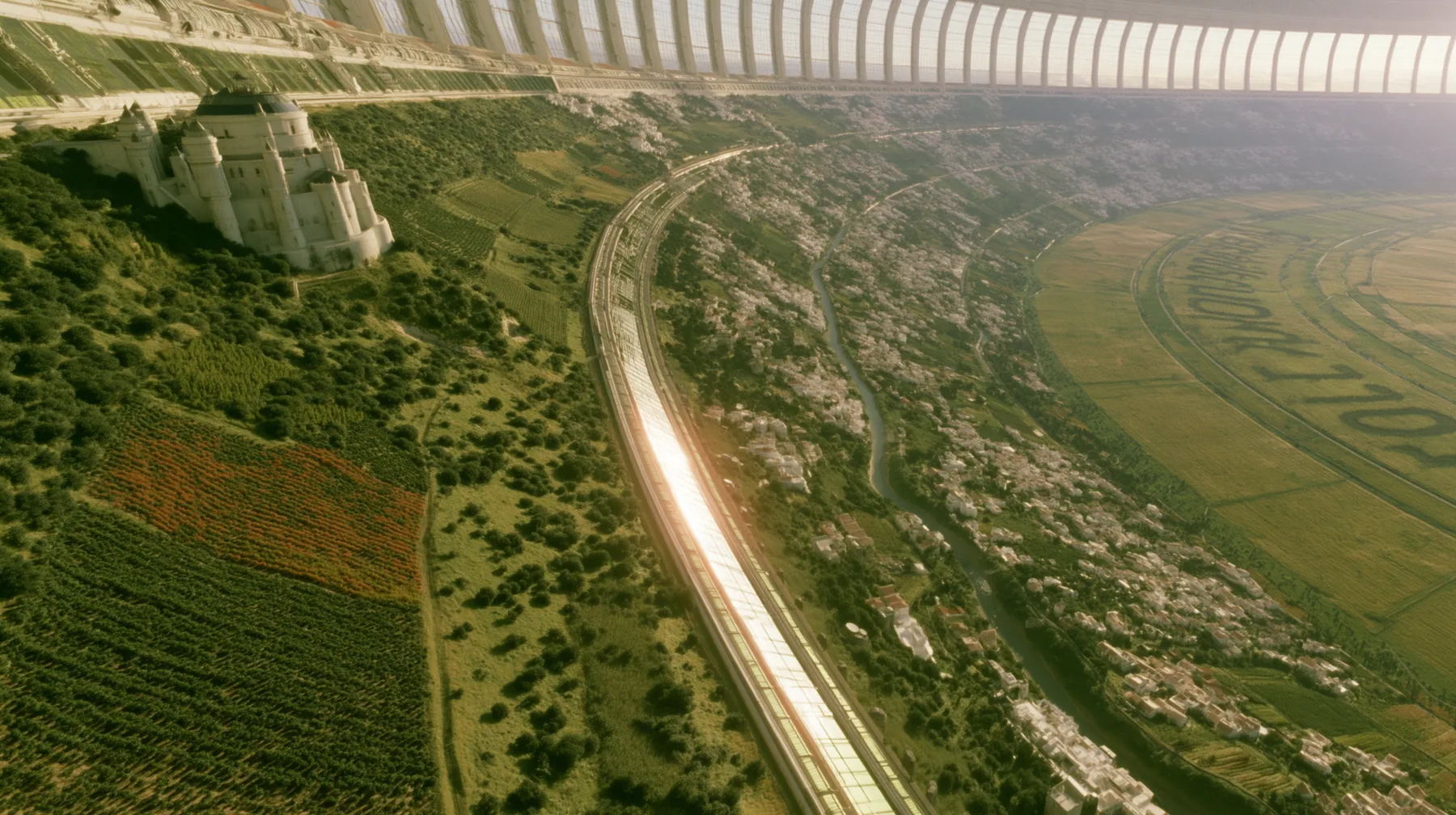 Make this a vast aerial 35 mm photograph flying along the length of a rotating space colony cylinder: farmland, orchards, a white castle, white towns and rivers climb both sides and close overhead; a long window…