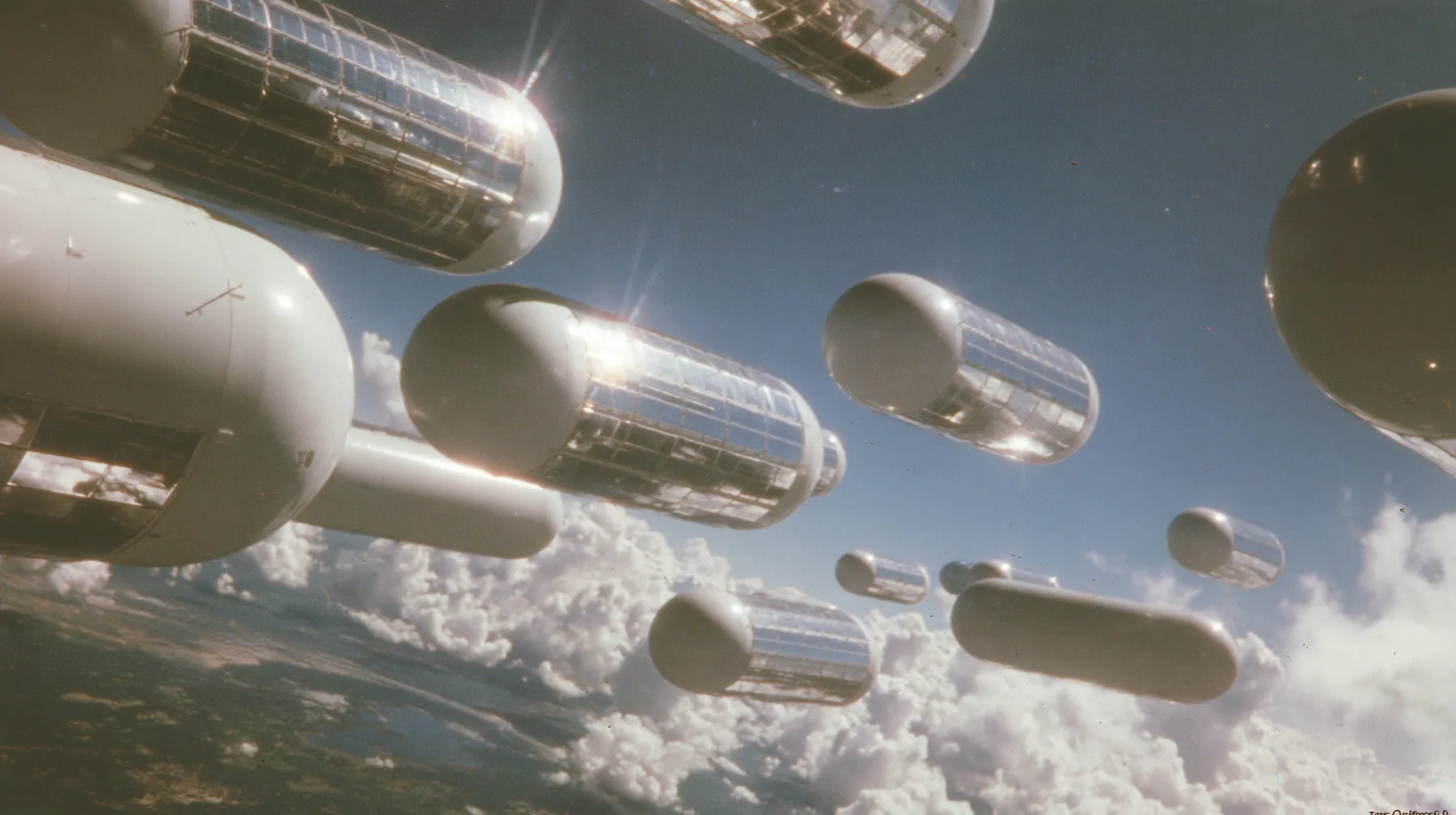 A 35 mm photograph of a fleet of huge white O'Neill cylinder space colonies floating in sunlight like white capsules, mirror panels glinting, the Earth below, stars, in the style of the 1975 NASA space settlement…