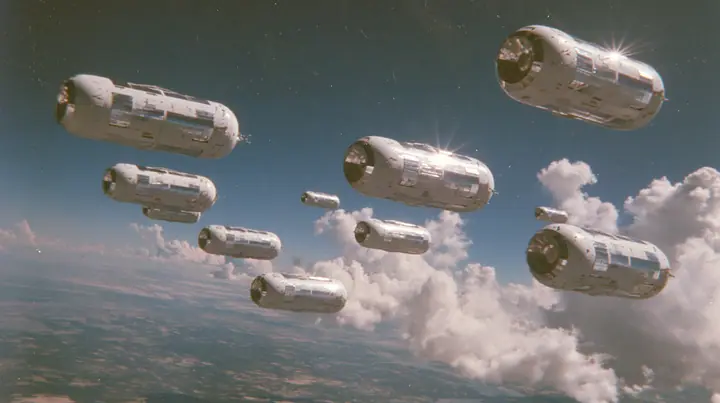 A 35 mm photograph of a fleet of huge white O'Neill cylinder space colonies floating in sunlight like white capsules, mirror panels glinting, the Earth below, stars, in the style of the 1975 NASA space settlement…