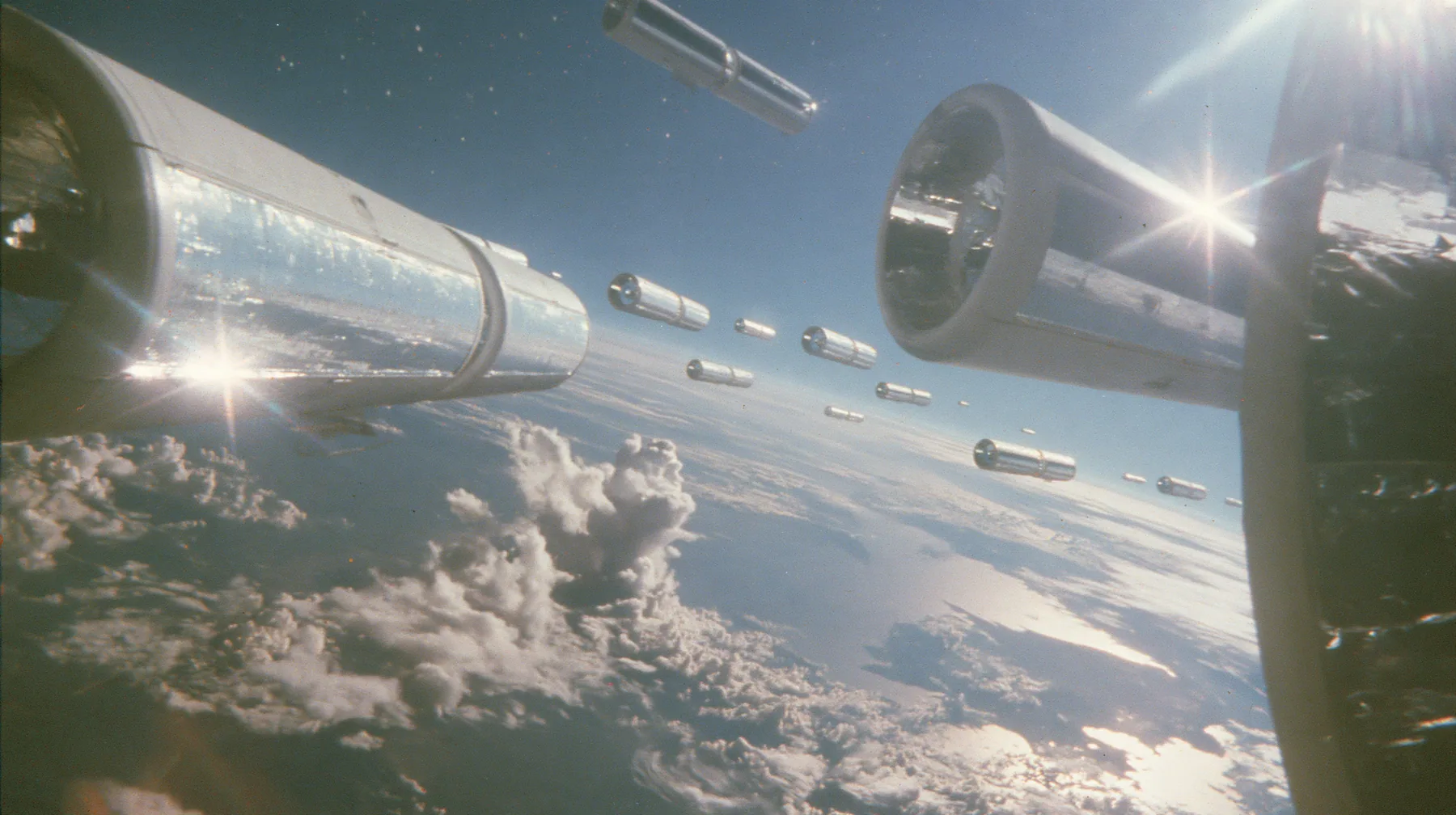 A 35 mm photograph of a fleet of huge white O'Neill cylinder space colonies floating in sunlight like white capsules, mirror panels glinting, the Earth below, stars, in the style of the 1975 NASA space settlement…