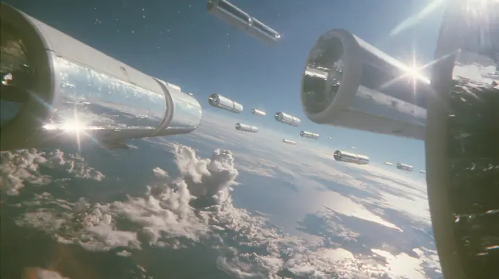 A 35 mm photograph of a fleet of huge white O'Neill cylinder space colonies floating in sunlight like white capsules, mirror panels glinting, the Earth below, stars, in the style of the 1975 NASA space settlement…