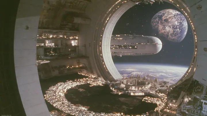 A 35 mm photograph from inside a space colony at night looking out through a vast circular end-cap window: the lit white towns curve around the dark land, and through the window the white capsule-shaped colony's…