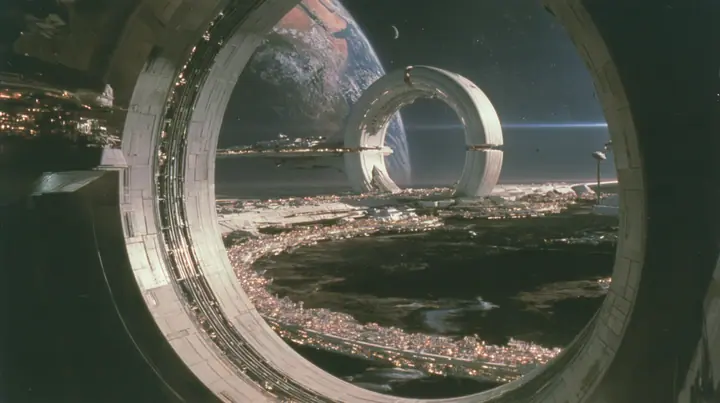 A 35 mm photograph from inside a space colony at night looking out through a vast circular end-cap window: the lit white towns curve around the dark land, and through the window the white capsule-shaped colony's…