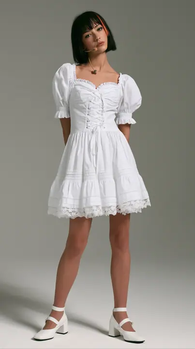Dress this woman in a white cotton milkmaid mini dress: sweetheart neckline, lace-up bodice, puff sleeves, tiered skirt to mid-thigh with lace trim; white heeled Mary Janes. Keep her face, her black bob with the…