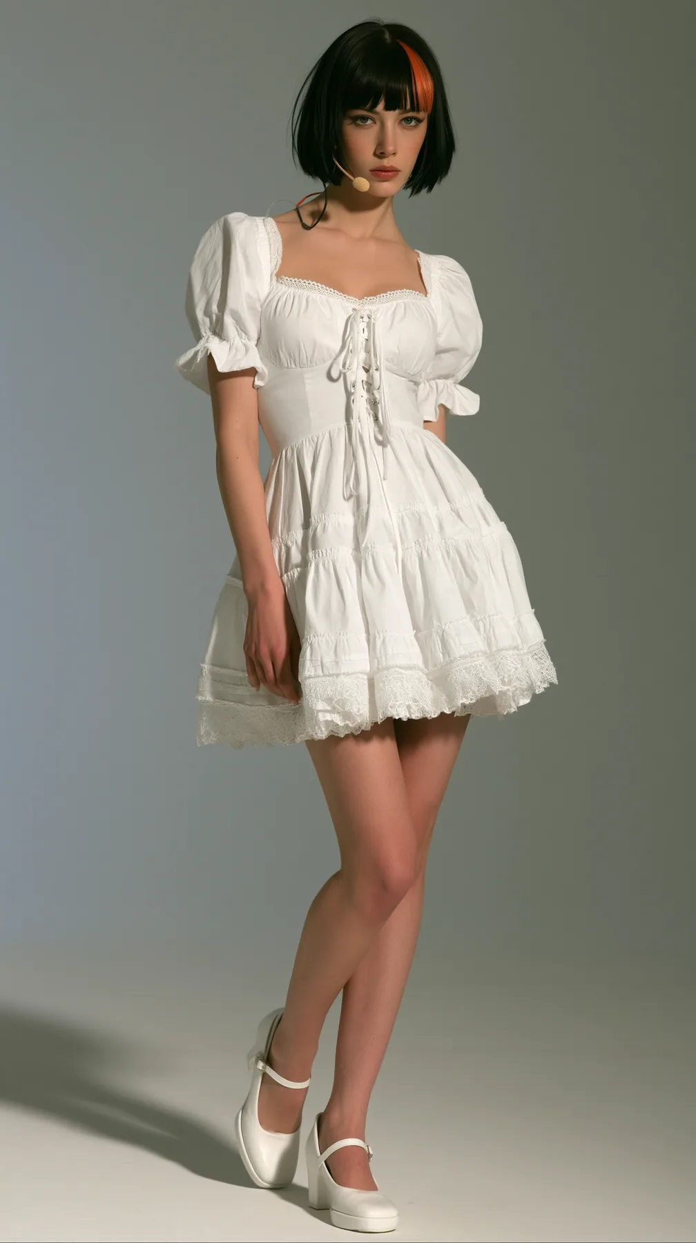 Dress this woman in a white cotton milkmaid mini dress: sweetheart neckline, lace-up bodice, puff sleeves, tiered skirt to mid-thigh with lace trim; white heeled Mary Janes. Keep her face, her black bob with the…