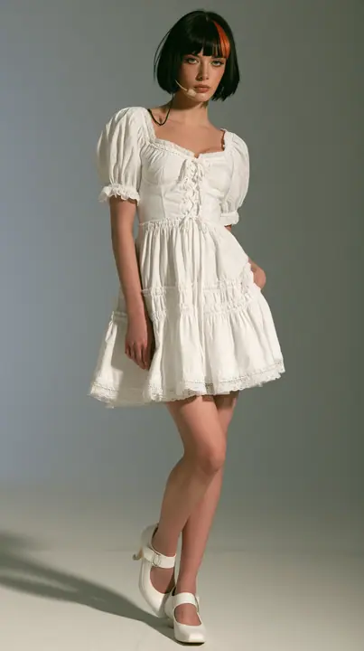 Dress this woman in a white cotton milkmaid mini dress: sweetheart neckline, lace-up bodice, puff sleeves, tiered skirt to mid-thigh with lace trim; white heeled Mary Janes. Keep her face, her black bob with the…