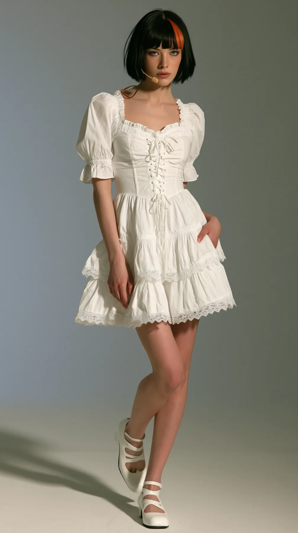 Dress this woman in a white cotton milkmaid mini dress: sweetheart neckline, lace-up bodice, puff sleeves, tiered skirt to mid-thigh with lace trim; white heeled Mary Janes. Keep her face, her black bob with the…