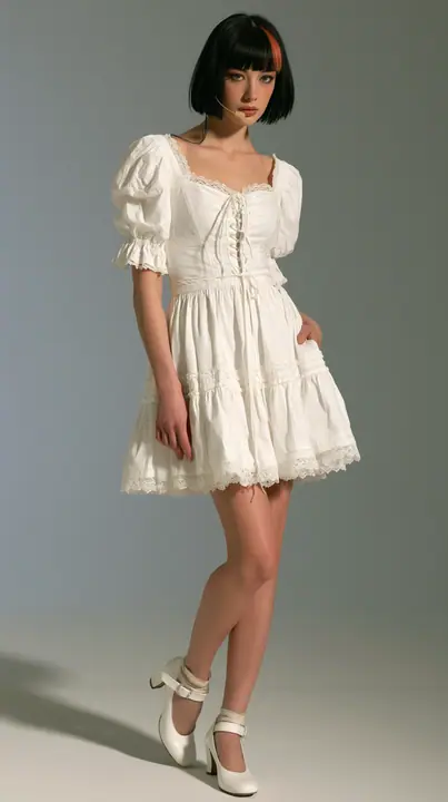 Dress this woman in a white cotton milkmaid mini dress: sweetheart neckline, lace-up bodice, puff sleeves, tiered skirt to mid-thigh with lace trim; white heeled Mary Janes. Keep her face, her black bob with the…