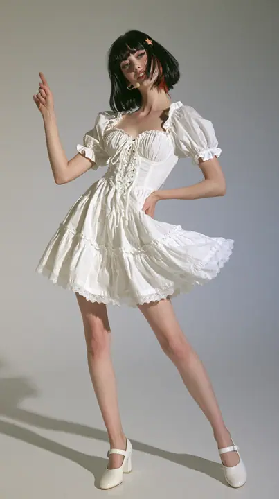 full-length photo, a disco dance move, one arm pointing up, hip out, skirt swinging, a 30-year-old Caucasian American woman with a grown-up angular face, pale skin and light freckles, a glossy black blunt bob with…
