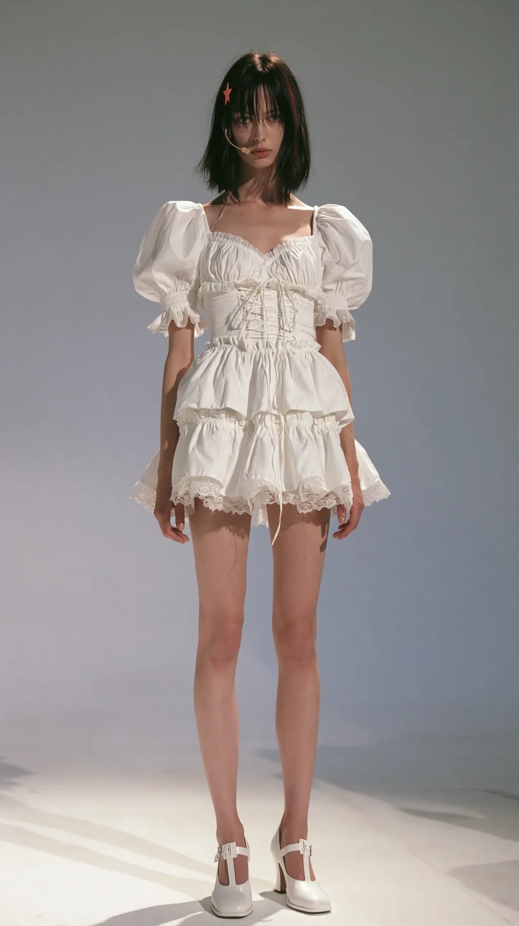 full-length lookbook photo, front view, standing straight, arms at her sides, a 30-year-old Caucasian American woman with a grown-up angular face, pale skin and light freckles, a glossy black blunt bob with heavy…