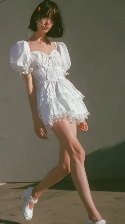 full-length editorial photo, three-quarter view, mid-stride, a 30-year-old Caucasian American woman with a grown-up angular face, pale skin and light freckles, a glossy black blunt bob with heavy straight bangs and…