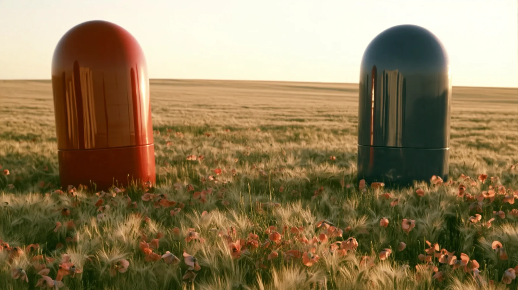 Make this the same wide 35 mm photograph with nobody in it: remove the woman and continue the golden wheat and coral poppies where she stood. Keep the meadow, the two giant glossy capsule sculptures, a red one on the…