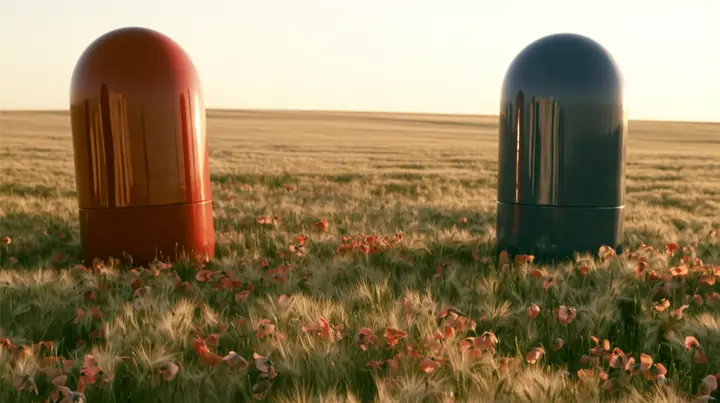 Make this the same wide 35 mm photograph with nobody in it: remove the woman and continue the golden wheat and coral poppies where she stood. Keep the meadow, the two giant glossy capsule sculptures, a red one on the…