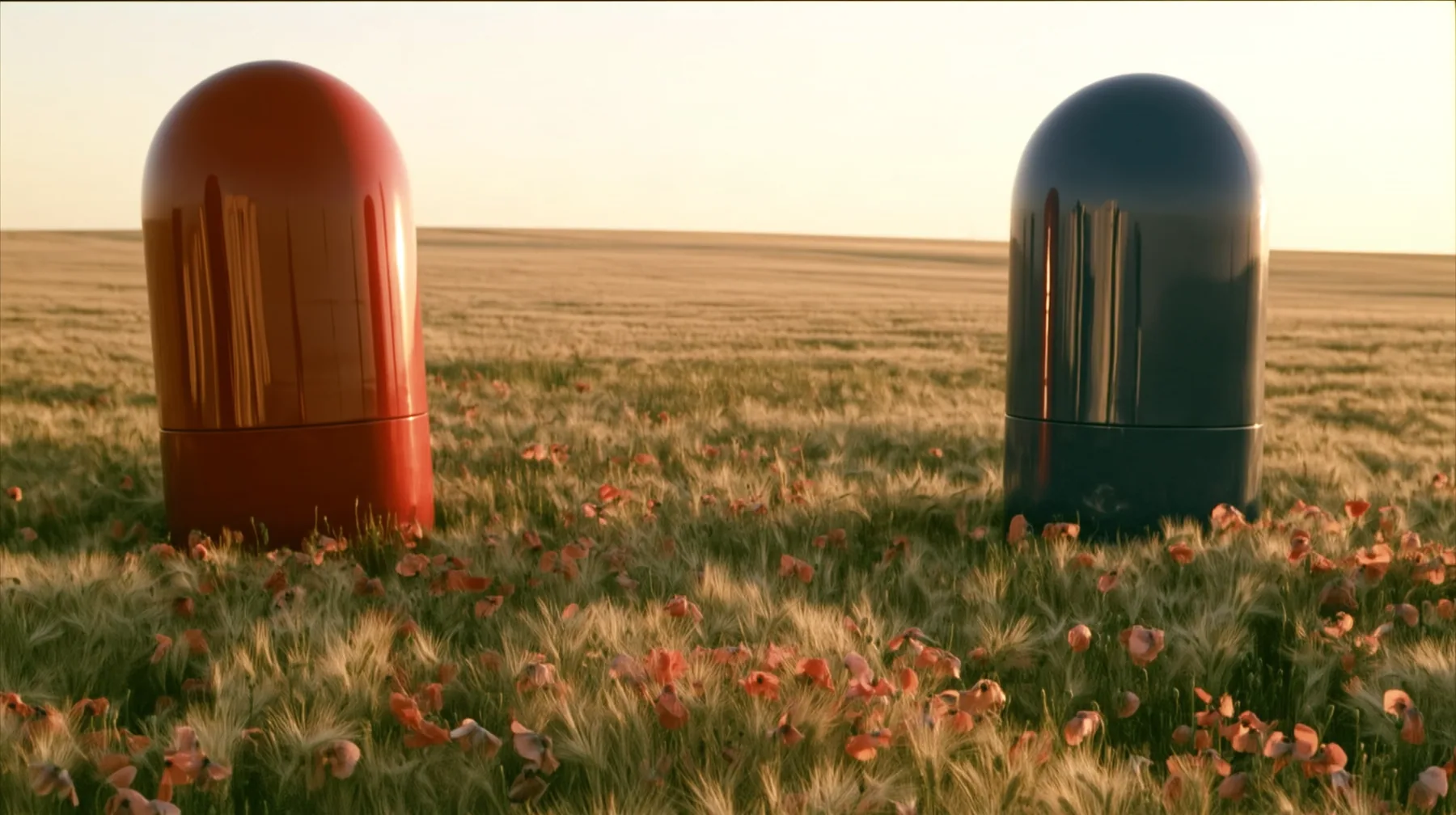 Make this the same wide 35 mm photograph with nobody in it: remove the woman and continue the golden wheat and coral poppies where she stood. Keep the meadow, the two giant glossy capsule sculptures, a red one on the…