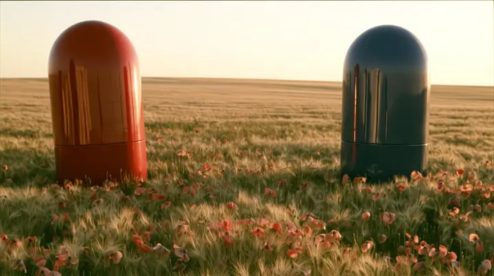 Make this the same wide 35 mm photograph with nobody in it: remove the woman and continue the golden wheat and coral poppies where she stood. Keep the meadow, the two giant glossy capsule sculptures, a red one on the…