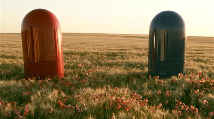 Make this the same wide 35 mm photograph with nobody in it: remove the woman and continue the golden wheat and coral poppies where she stood. Keep the meadow, the two giant glossy capsule sculptures, a red one on the…