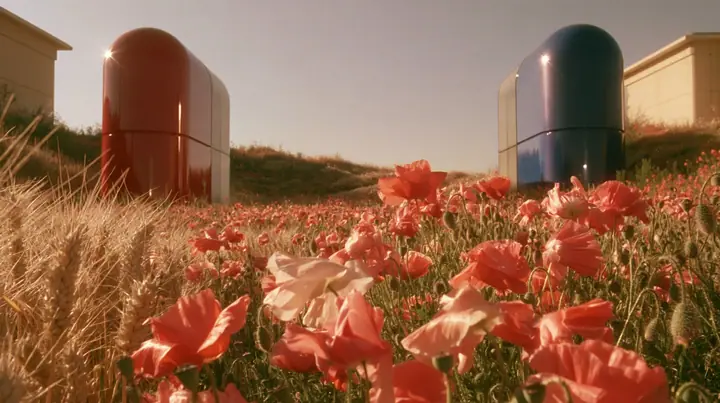symmetrical wide 35 mm photograph of a vast meadow of golden wheat and coral poppies at golden hour, two giant glossy capsule-shaped sculptures several storeys tall standing upright on either side, a red one on the…
