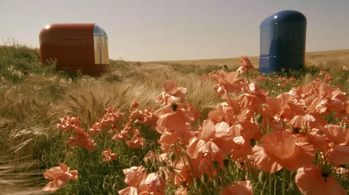 symmetrical wide 35 mm photograph of a vast meadow of golden wheat and coral poppies at golden hour, two giant glossy capsule-shaped sculptures several storeys tall standing upright on either side, a red one on the…
