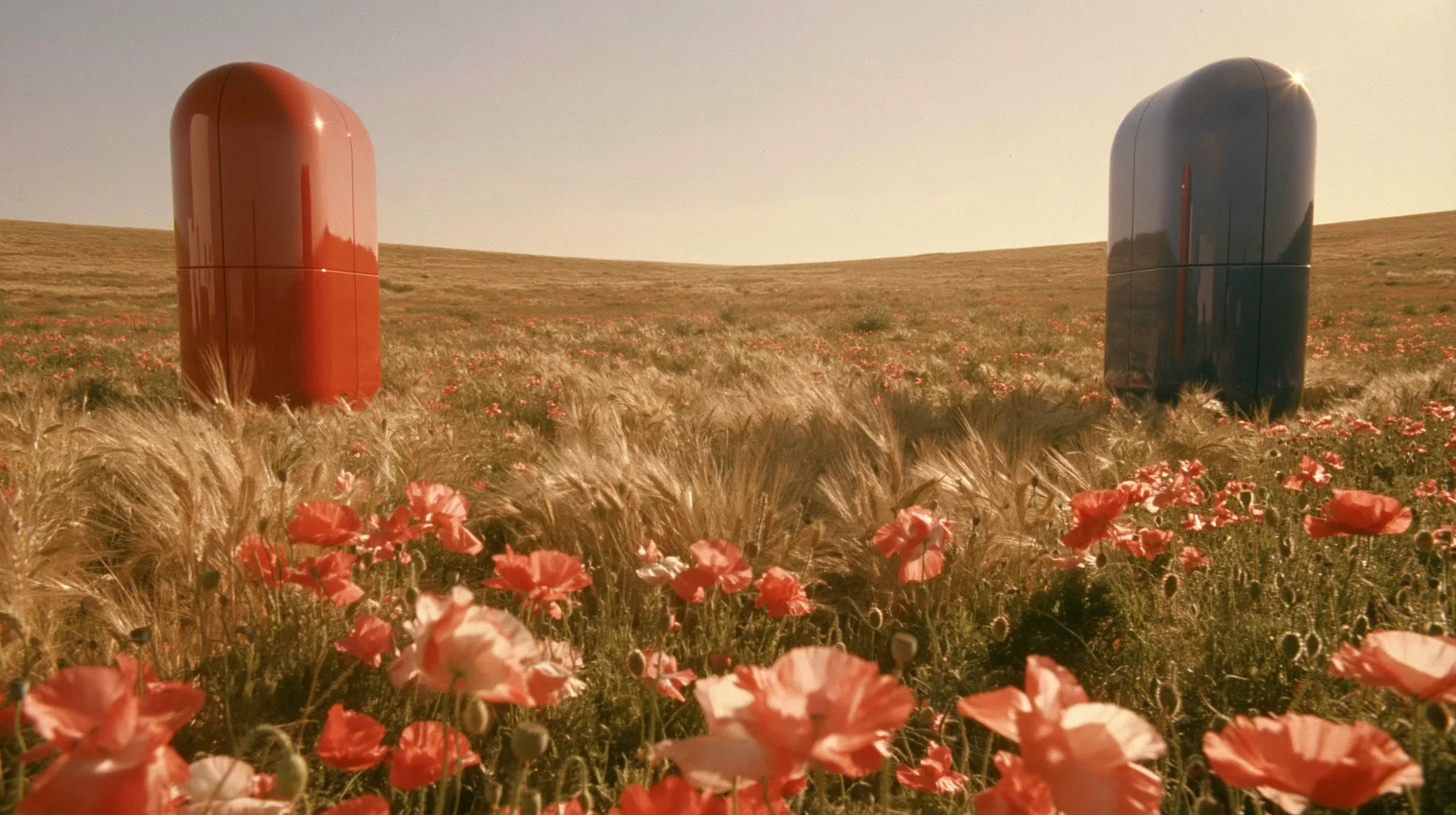 symmetrical wide 35 mm photograph of a vast meadow of golden wheat and coral poppies at golden hour, two giant glossy capsule-shaped sculptures several storeys tall standing upright on either side, a red one on the…