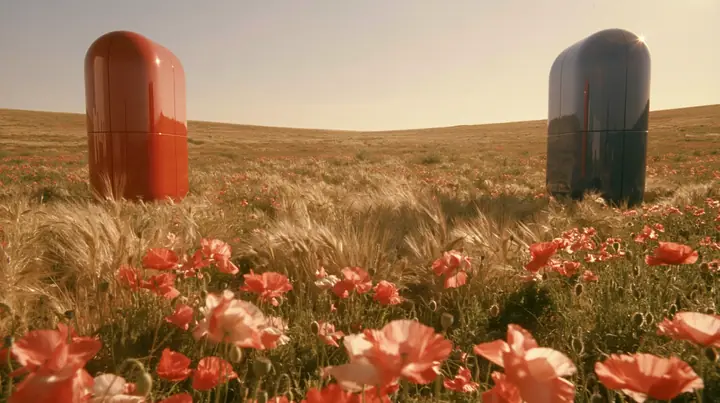 symmetrical wide 35 mm photograph of a vast meadow of golden wheat and coral poppies at golden hour, two giant glossy capsule-shaped sculptures several storeys tall standing upright on either side, a red one on the…