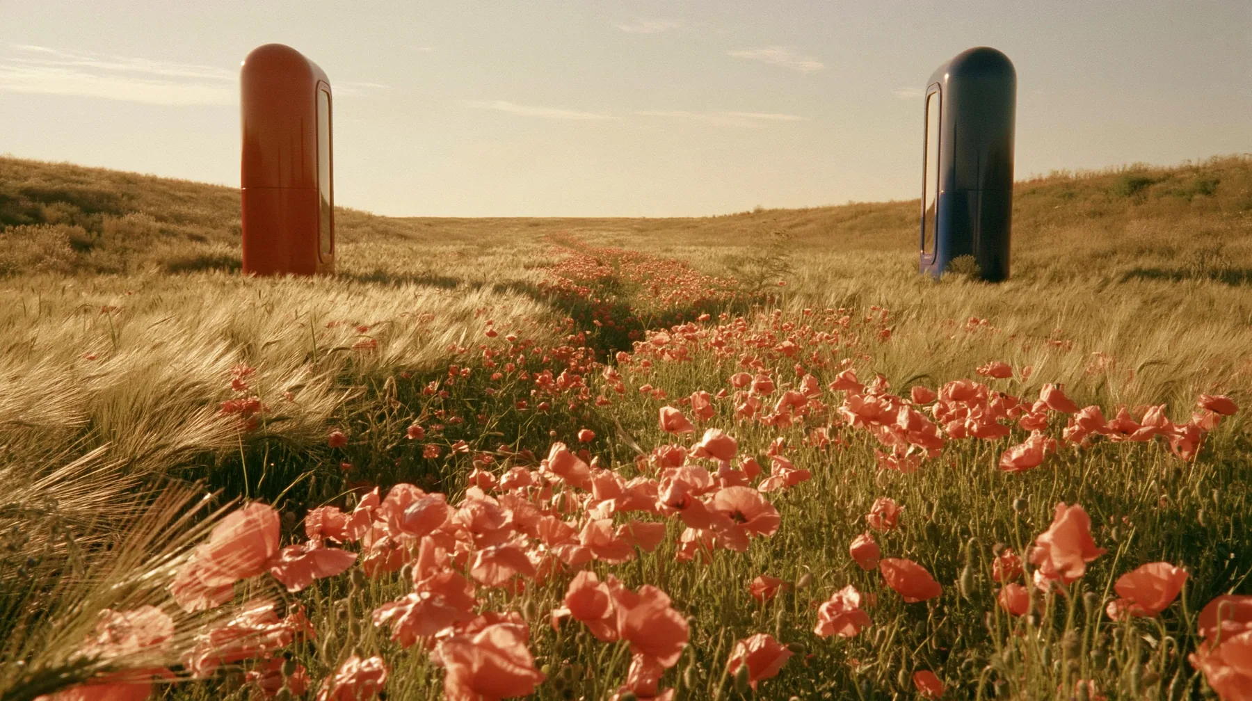 symmetrical wide 35 mm photograph of a vast meadow of golden wheat and coral poppies at golden hour, two giant glossy capsule-shaped sculptures several storeys tall standing upright on either side, a red one on the…