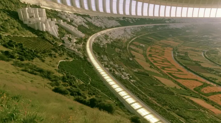 Make this the same photograph with nobody in it: remove the woman and continue the scene behind her where she stood. Keep everything else exactly: the grassy hilltop, the curving land and the white tram line curving…