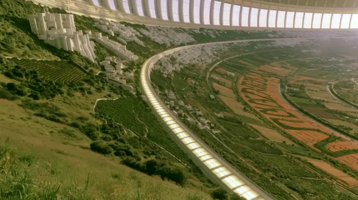Make this the same photograph with nobody in it: remove the woman and continue the scene behind her where she stood. Keep everything else exactly: the grassy hilltop, the curving land and the white tram line curving…