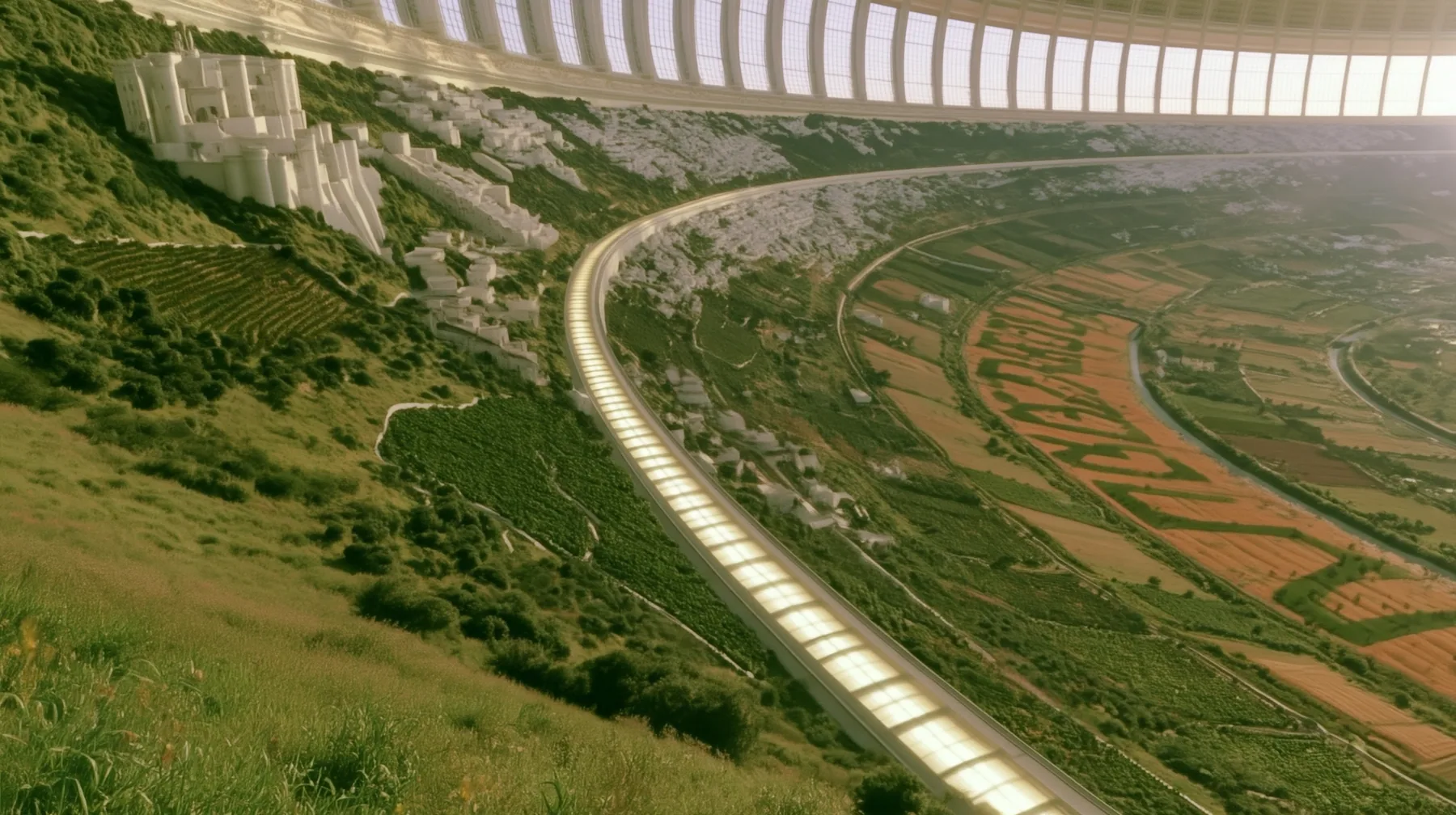 Make this the same photograph with nobody in it: remove the woman and continue the scene behind her where she stood. Keep everything else exactly: the grassy hilltop, the curving land and the white tram line curving…