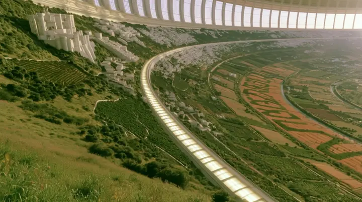 Make this the same photograph with nobody in it: remove the woman and continue the scene behind her where she stood. Keep everything else exactly: the grassy hilltop, the curving land and the white tram line curving…
