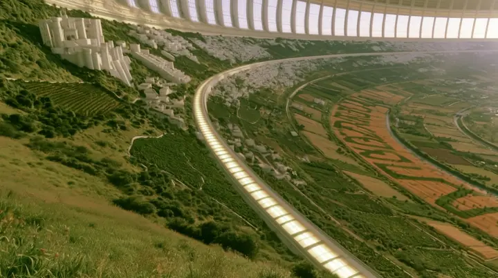 Make this the same photograph with nobody in it: remove the woman and continue the scene behind her where she stood. Keep everything else exactly: the grassy hilltop, the curving land and the white tram line curving…