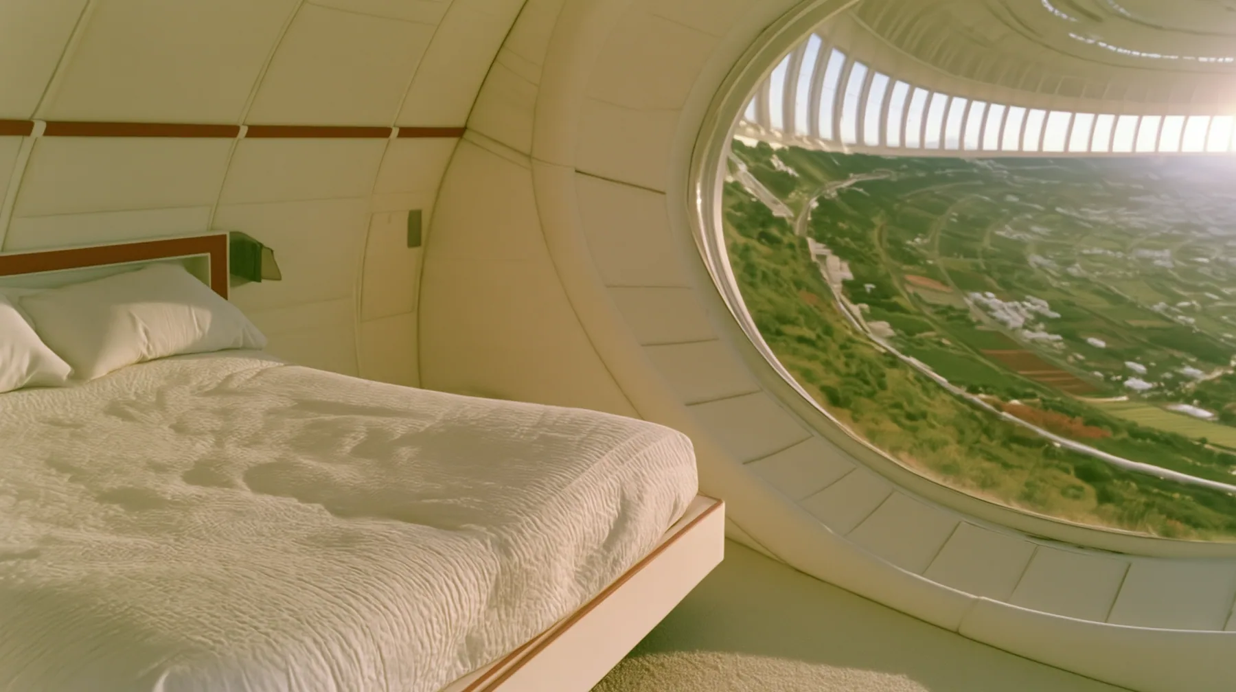 Make this the same photograph with nobody in it: remove the woman and continue the scene behind her where she stood. Keep everything else exactly: the curved cream-white bedroom, the low white linen bed and the huge…