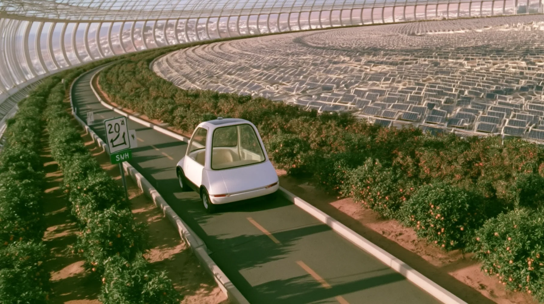 Make this the same photograph with nobody in it: remove the woman and continue the scene behind her where she stood. Keep everything else exactly: the road through the orchards and the small white self-driving car,…