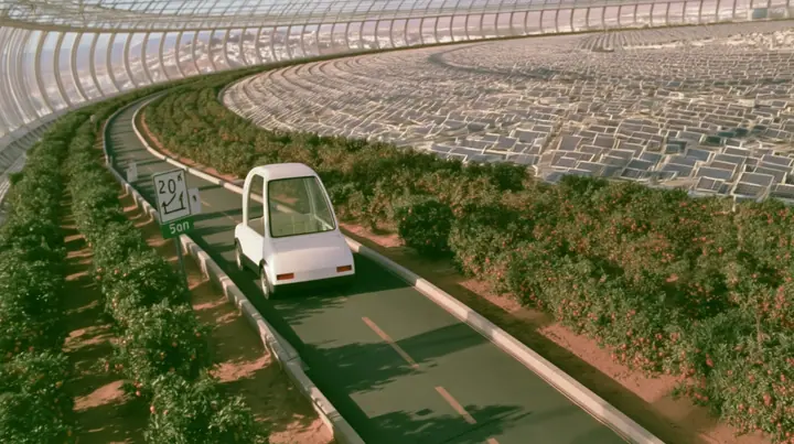 Make this the same photograph with nobody in it: remove the woman and continue the scene behind her where she stood. Keep everything else exactly: the road through the orchards and the small white self-driving car,…