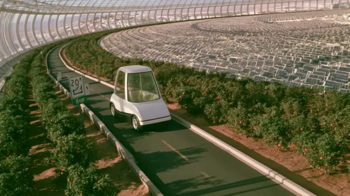 Make this the same photograph with nobody in it: remove the woman and continue the scene behind her where she stood. Keep everything else exactly: the road through the orchards and the small white self-driving car,…